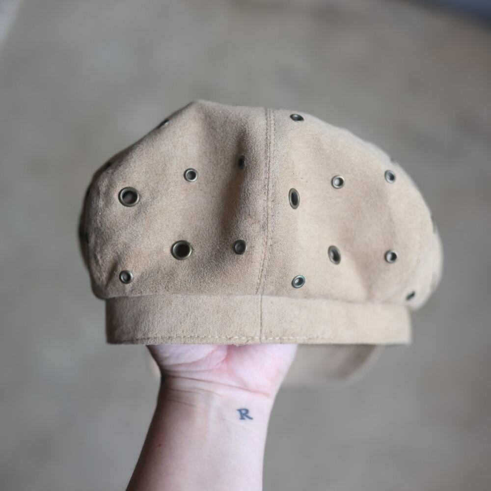 Y2K Beige Faux Suede Studded Cadet Cap | Military Newsboy Hat | One Size - Picture 2 of 4